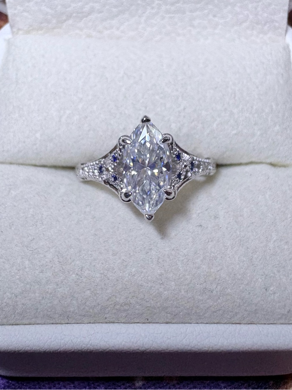 VVS Marquise-Cut Moissanite with blue sapphire side stones ring NWT